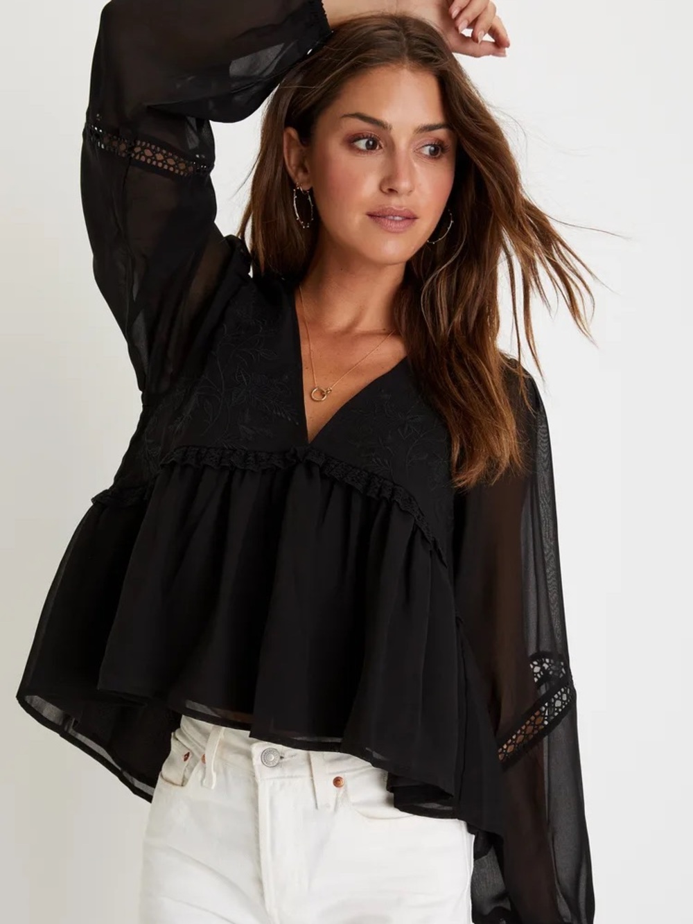 Lulu's Black Sheer V-Neck Ruffled Peasant Tunic